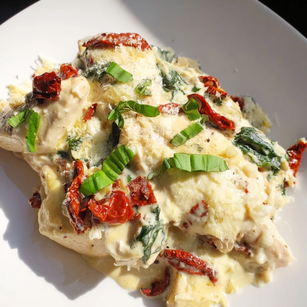 A close-up shows creamy sauce clinging to tender chicken breasts in Marry Me Low Carb Chicken Casserole, garnished with fresh basil.