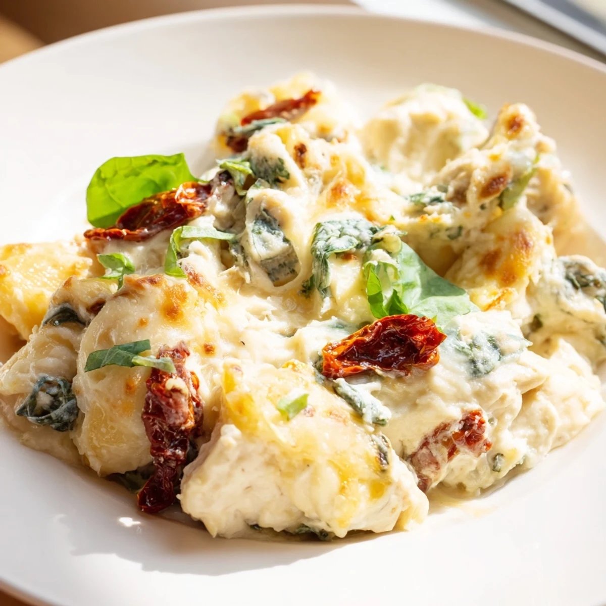 In this single-serve portion, Marry Me Low Carb Chicken Casserole rests beside a bed of cauliflower rice, showcasing its rich, cheesy topping.