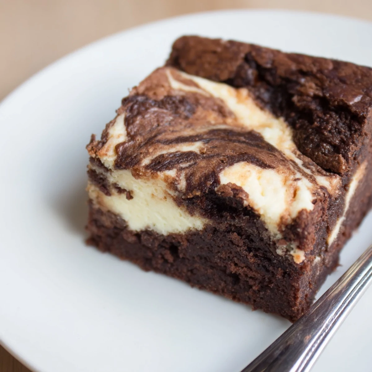 Golden-brown Cottage Cheese Brownies with a visible creamy swirl on top, served on a white plate.