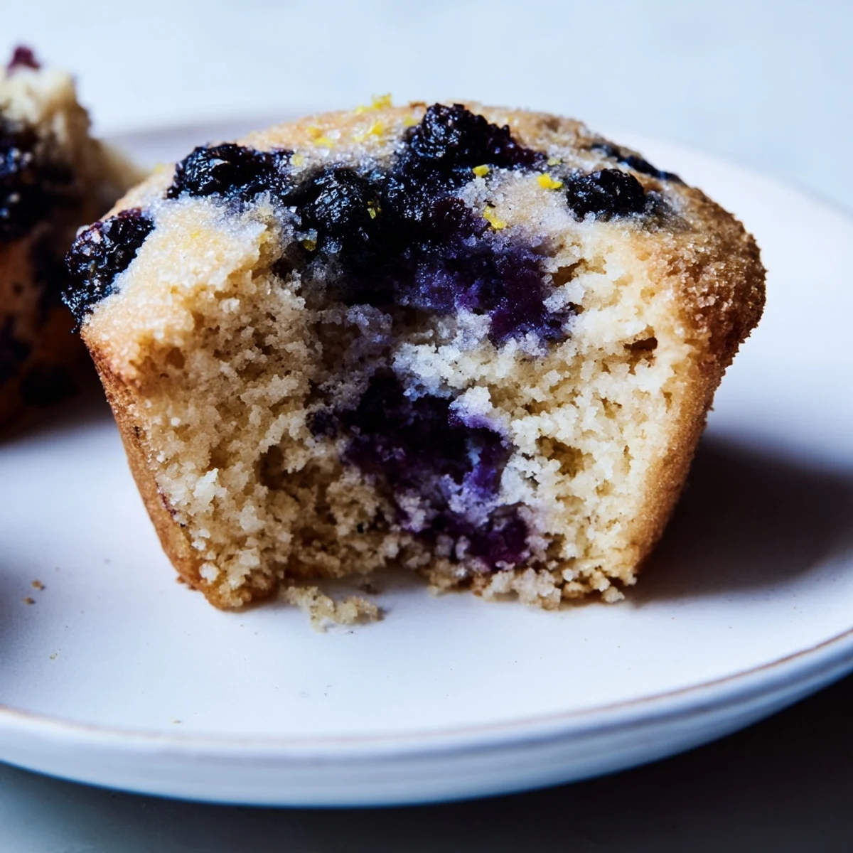 Freshly baked Sourdough Blueberry Muffins with a golden crumb and juicy berries on a cooling rack.