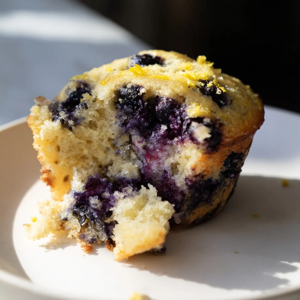 Sourdough Blueberry Muffins with moist crumb and fresh blueberries served on a wooden board.