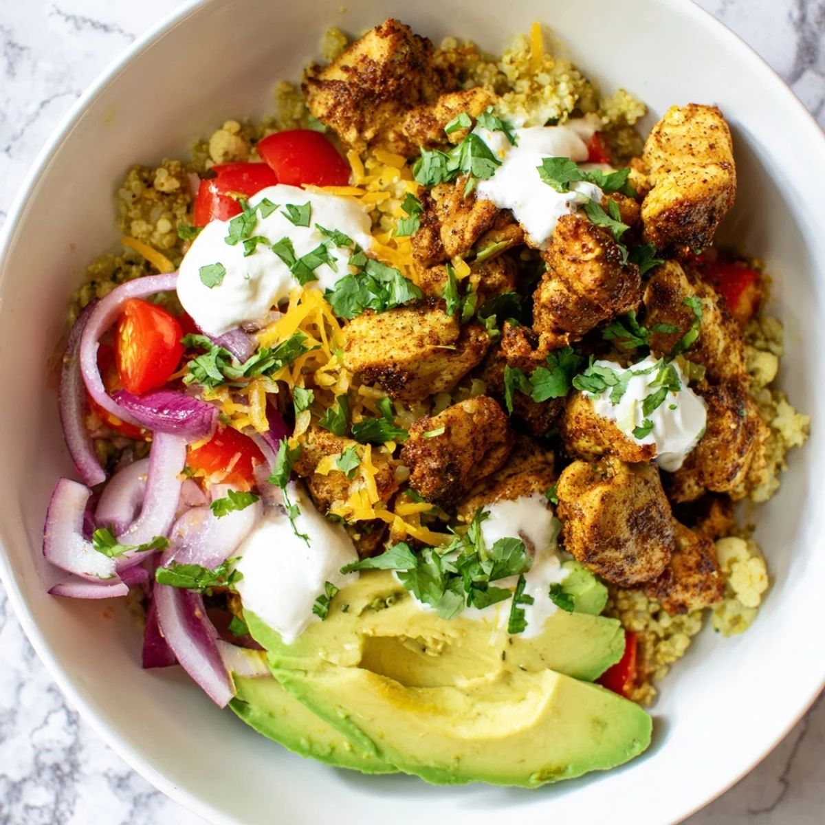Fresh Low Carb Burrito Bowl featuring seasoned chicken, cauliflower rice, and colorful veggies with lime wedges on the side.