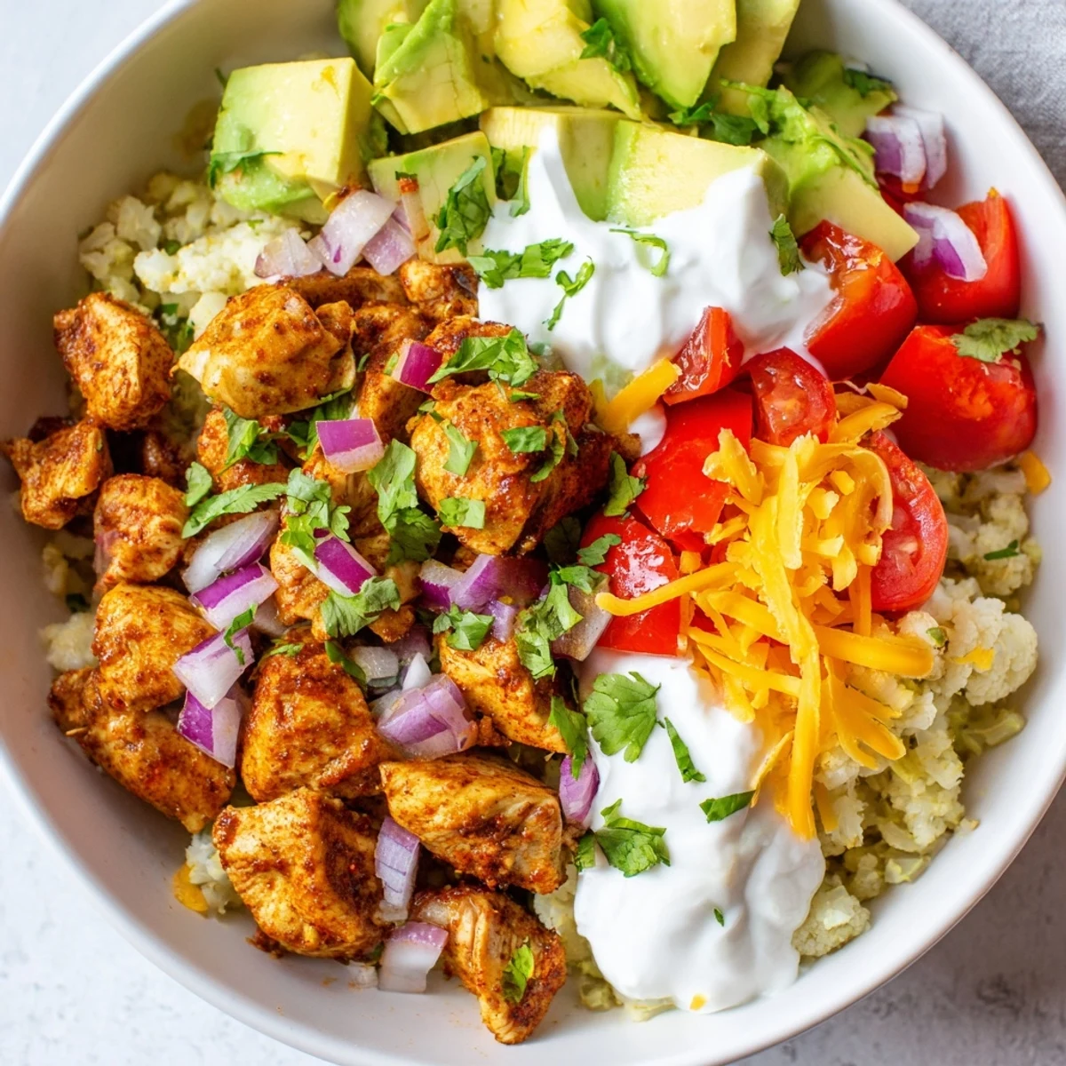 A Low Carb Burrito Bowl with sautéed cauliflower rice, spicy chicken, avocado slices, and melted cheese ready to serve.