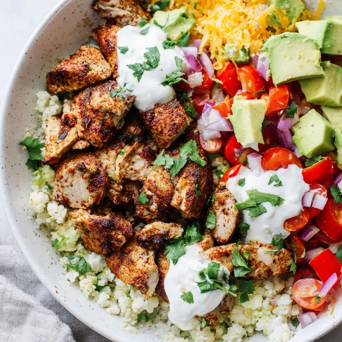 Close-up of a Low Carb Burrito Bowl topped with sour cream, salsa, and jalapeños on a rustic wooden table.