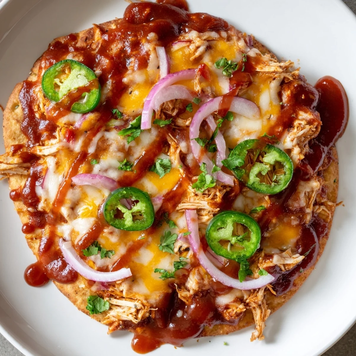 Golden BBQ Chicken Flatbread with melty mozzarella and cheddar cheese, topped with fresh cilantro and sliced red onion.