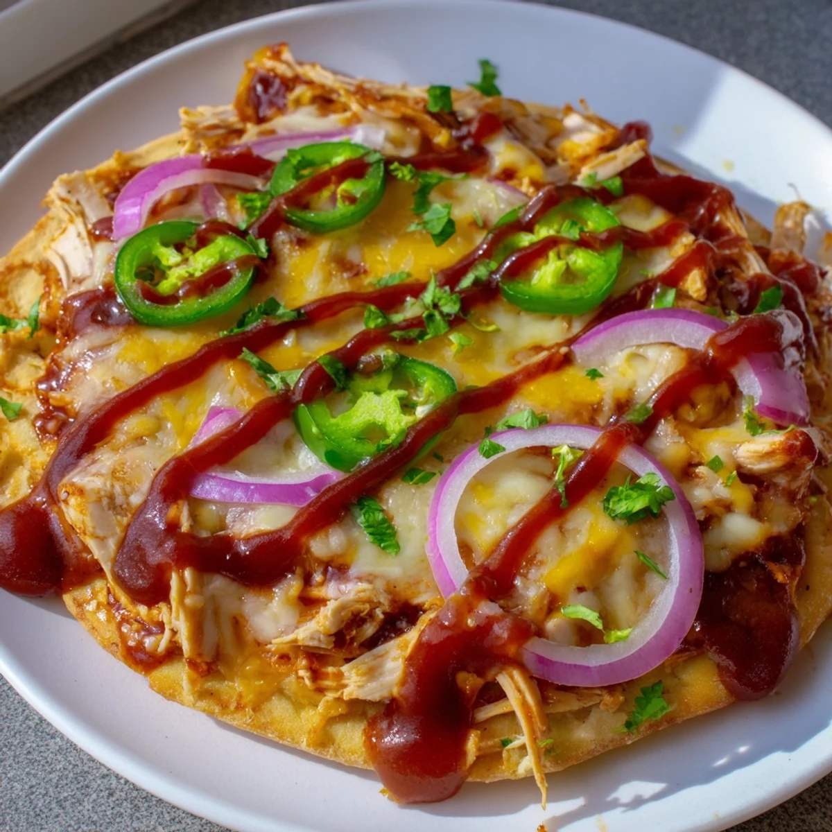 A delicious BBQ Chicken Flatbread served with extra sauce drizzle, jalapeños, and red onion slices, ready for a weeknight dinner.