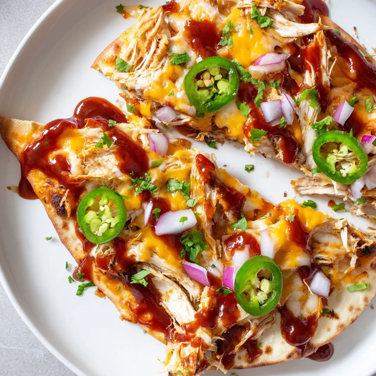 Sizzling BBQ Chicken Flatbread fresh from the oven, featuring juicy shredded chicken and gooey cheese on a crisp naan base.