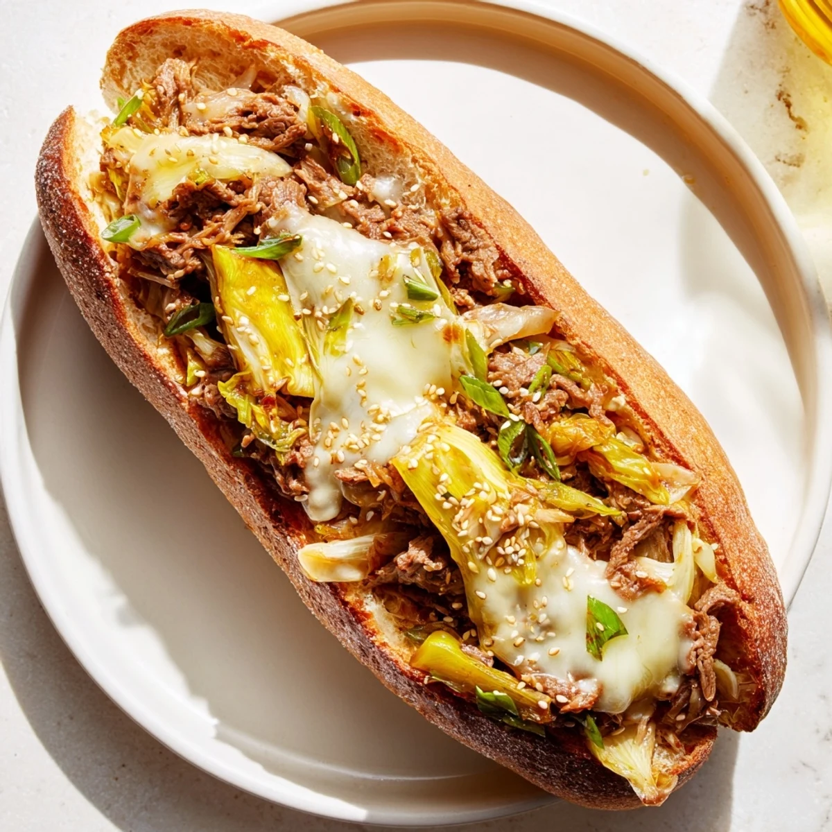 Fork-tender bulgogi beef, spicy kimchi, and melted provolone cheese in an Irresistible Korean Kimchi Bulgogi Cheesesteak on a toasted hoagie roll.