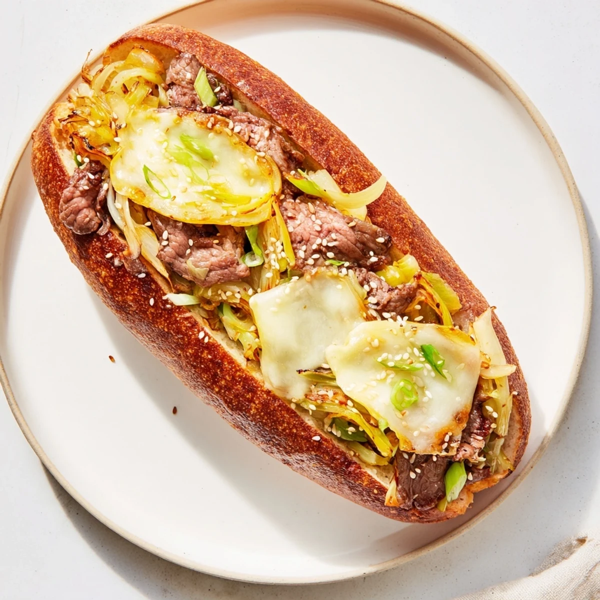 Gooey provolone and a toasted hoagie roll cradle sizzling bulgogi and crunchy kimchi in this Irresistible Korean Kimchi Bulgogi Cheesesteak.