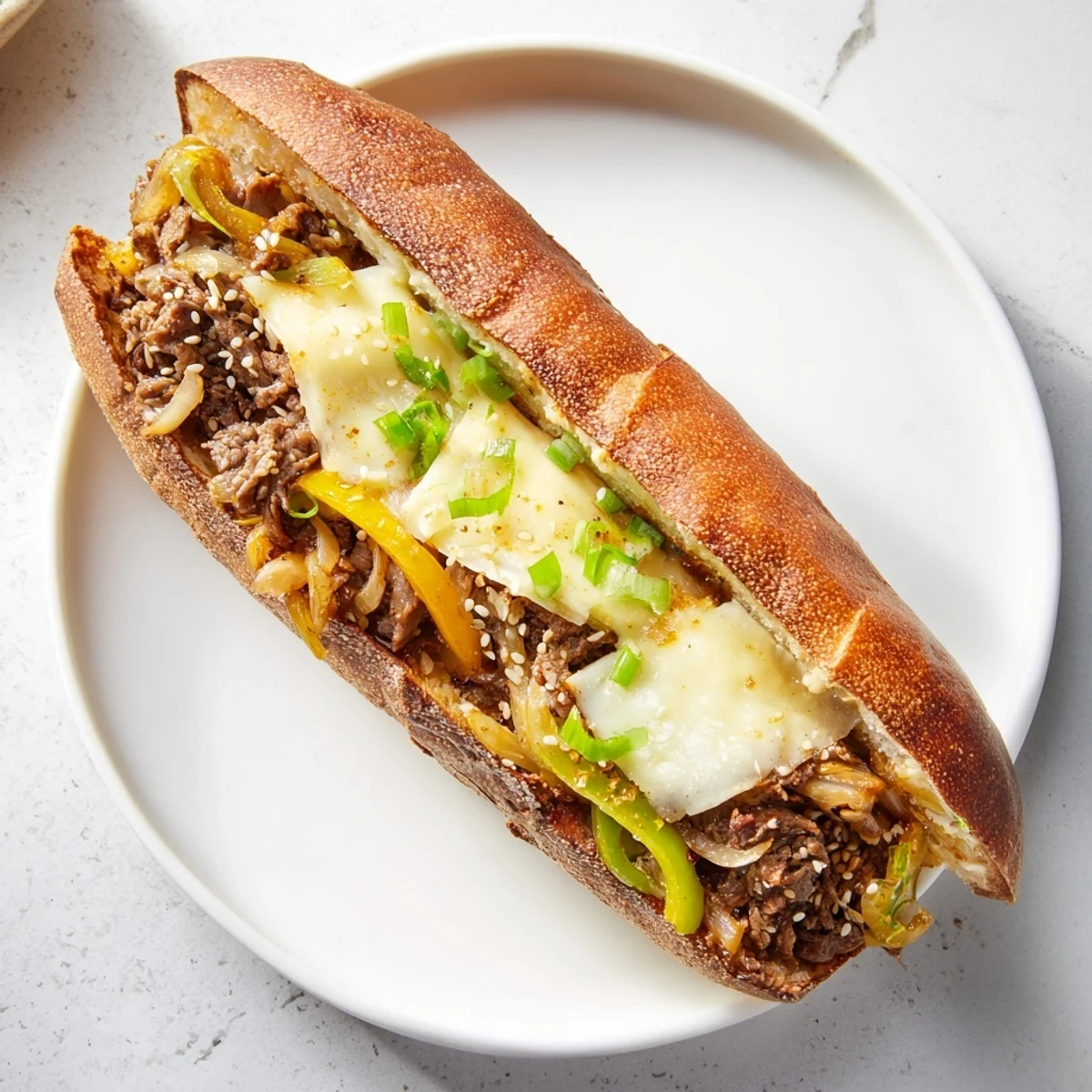 A plate of Irresistible Korean Kimchi Bulgogi Cheesesteak with chopped scallions, sesame seeds, and a drizzle of gochujang mayo.