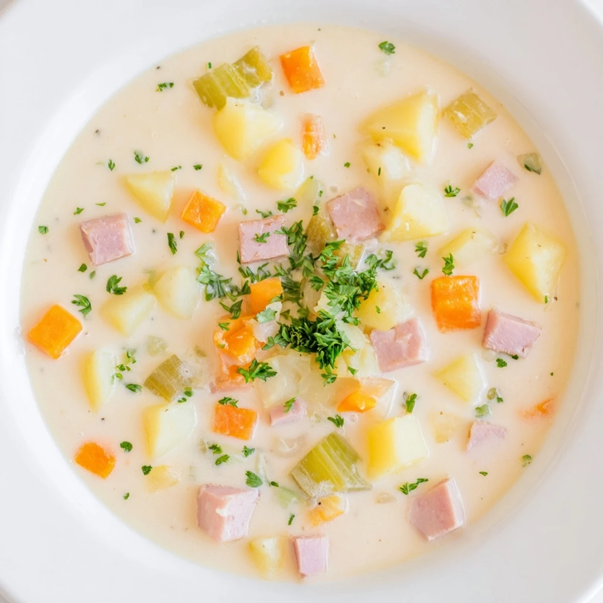 Light Ham & Potato Chowder steaming in a rustic bowl, featuring creamy Yukon Gold potatoes and lean ham chunks with carrots.