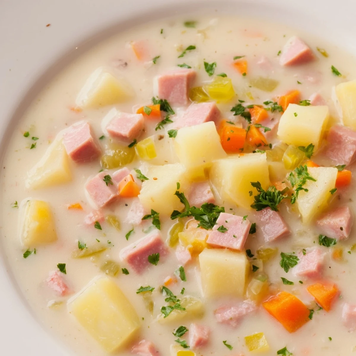 Steamy bowl of Light Ham & Potato Chowder with tender potatoes and diced ham in a creamy broth, garnished with fresh parsley.