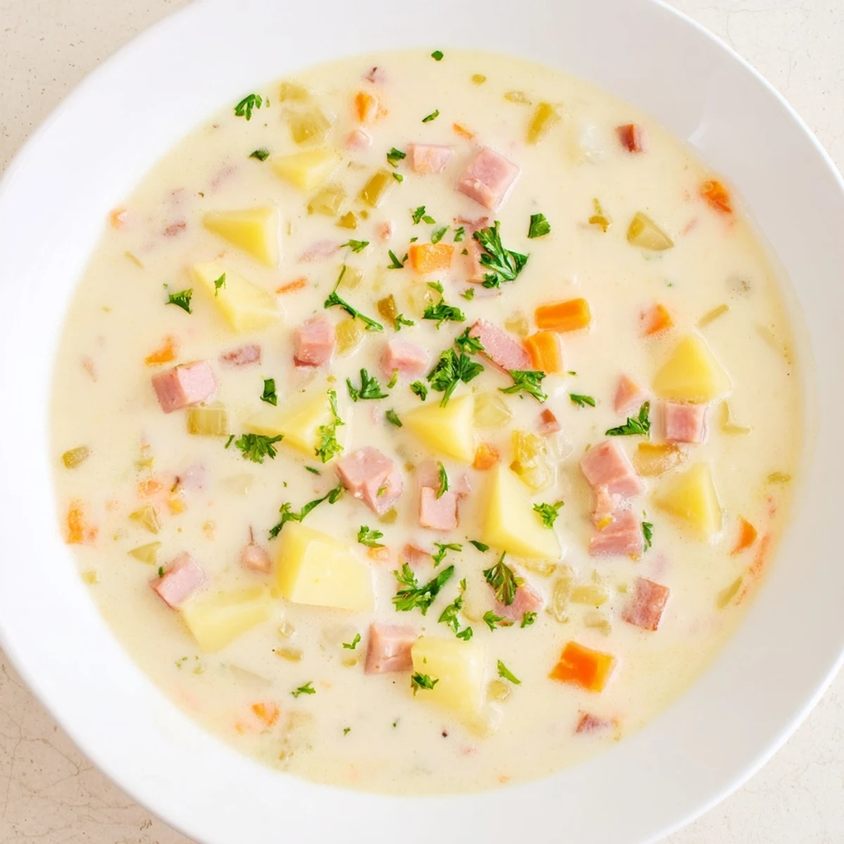 Spoon dipping into Light Ham & Potato Chowder next to a slice of whole grain bread, highlighting the velvety, comforting texture.