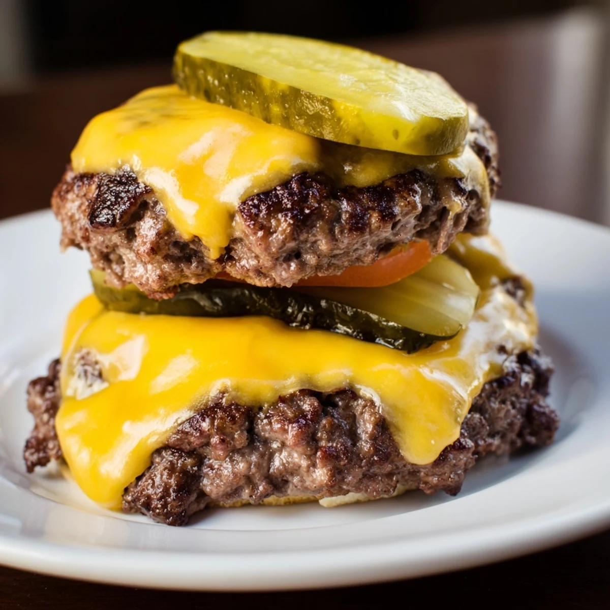 A close-up of the Flying Dutchman Burger shows two juicy beef patties melted with American cheese and grilled onions on a plate.