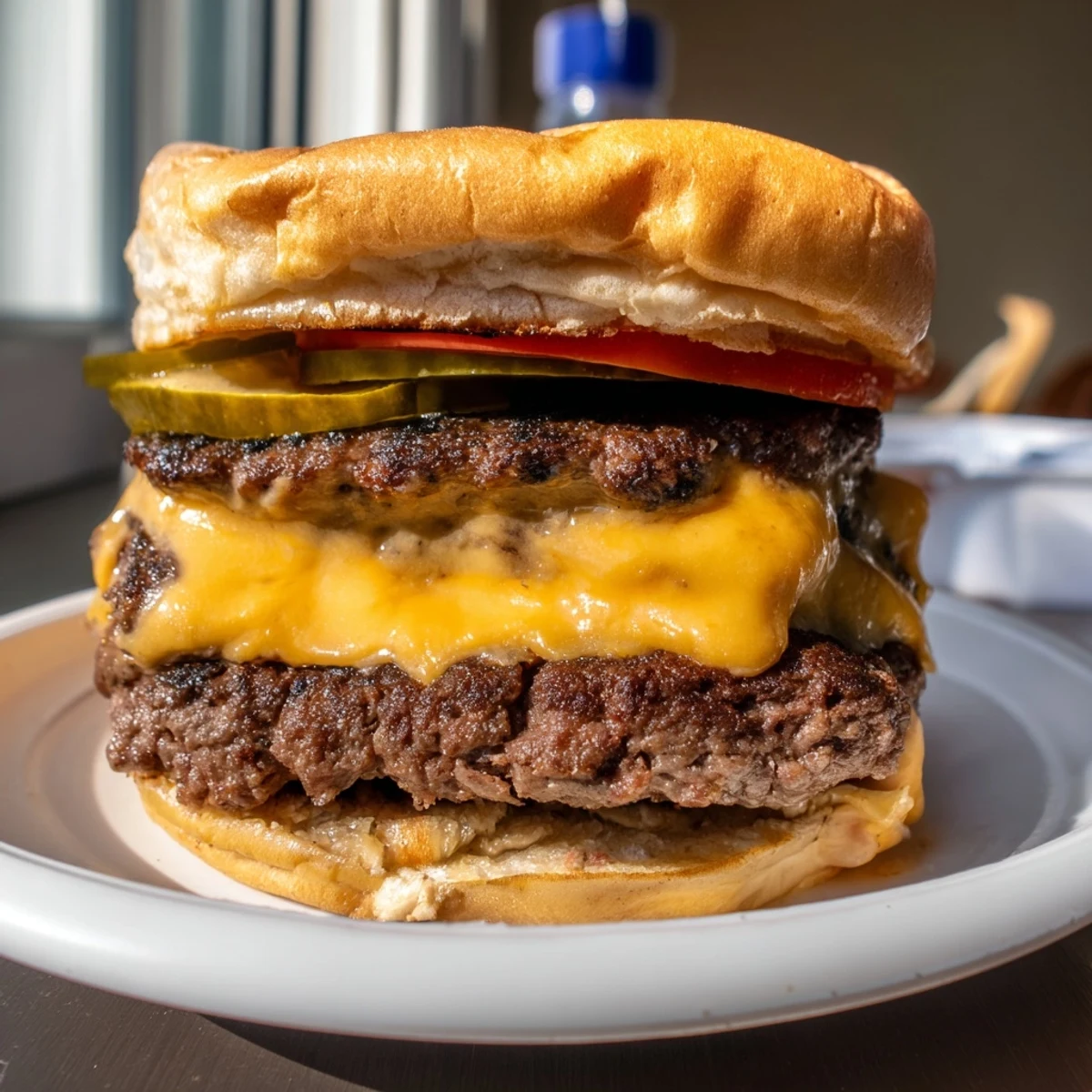 This bunless Flying Dutchman Burger features stacked cheese-topped patties with pickles and fresh lettuce, perfect for a low-carb meal.