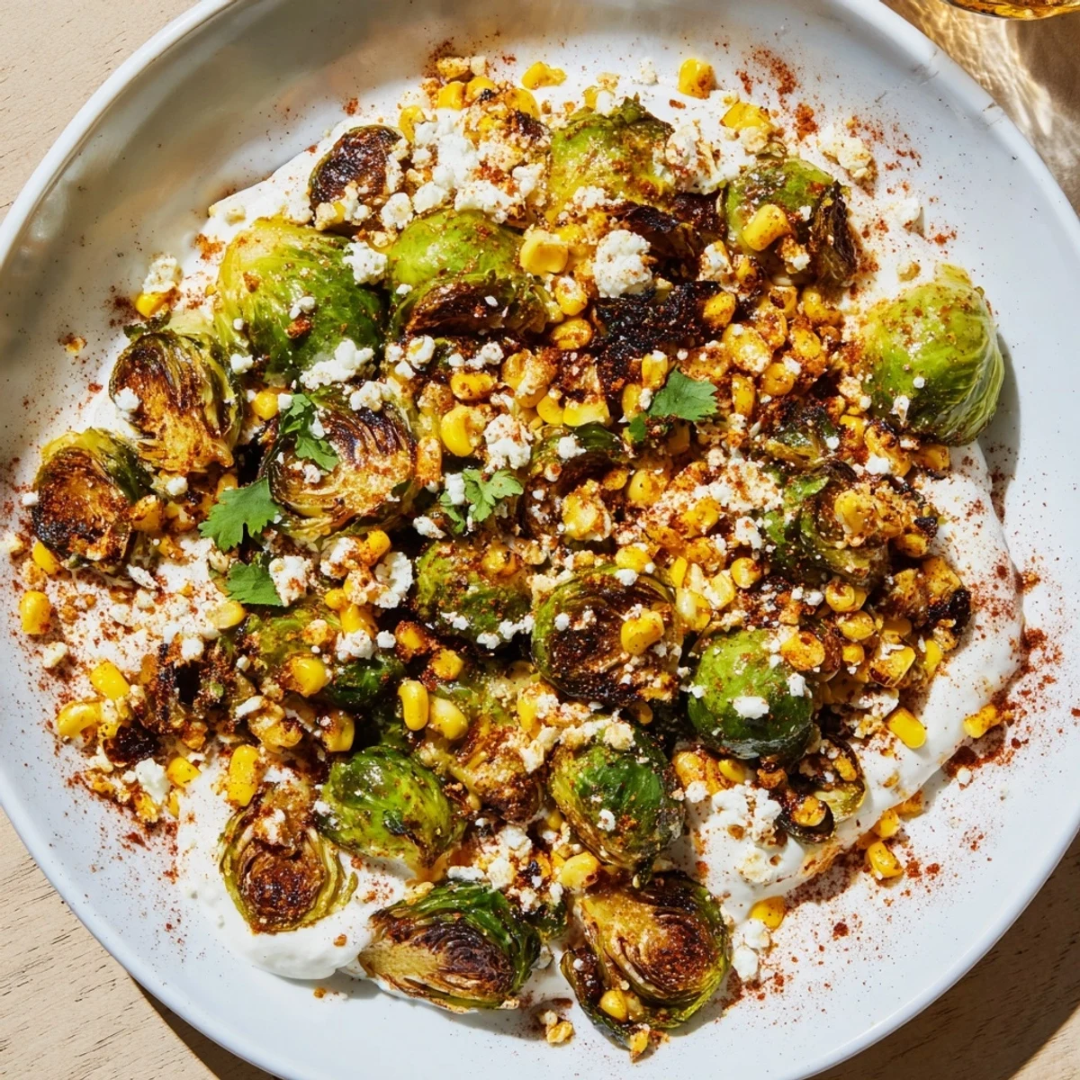 Roasted Brussels sprouts and corn tossed in creamy Mexican street corn sauce with cotija cheese.