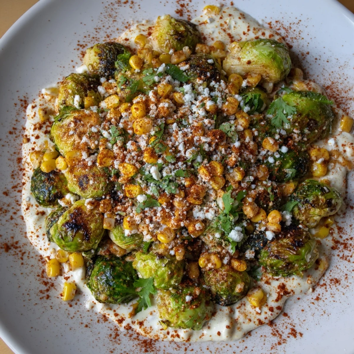 Fresh lime juice and chili powder add zest to this Mexican Street Corn Brussels Sprouts Delight.