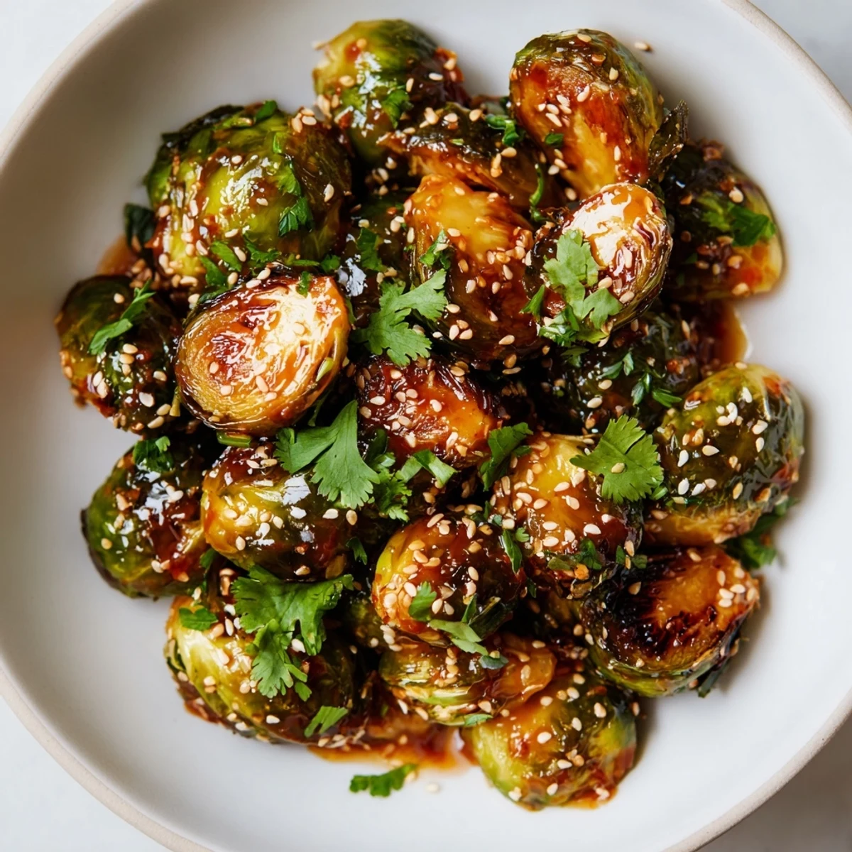 Tossed Honey Sriracha Brussels Sprouts with crispy edges, garnished with sesame seeds and green onions on a white plate.