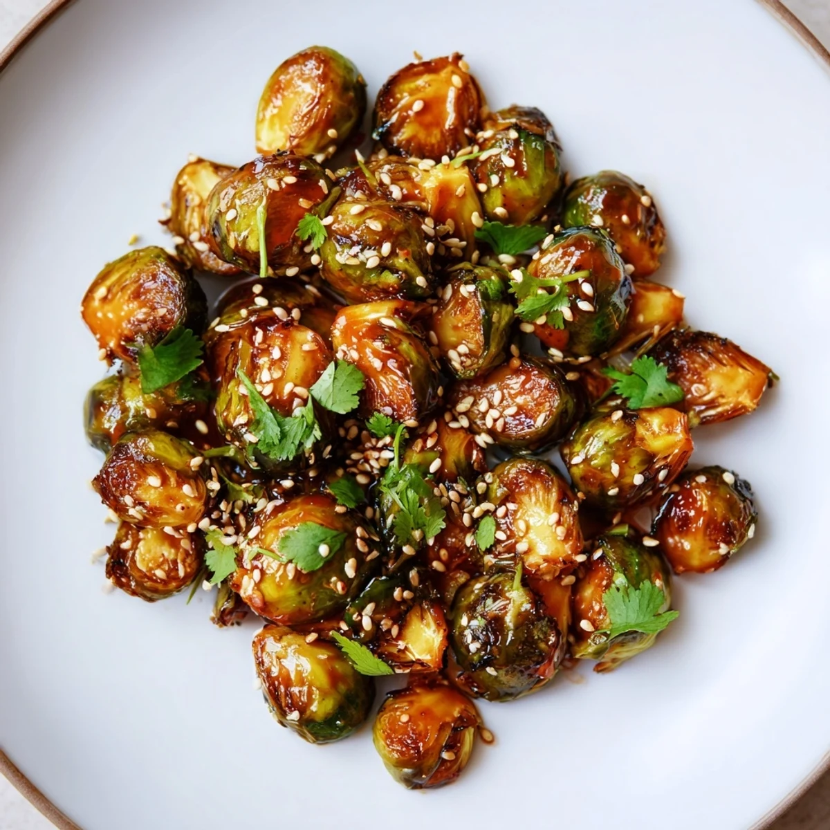 Golden roasted Honey Sriracha Brussels Sprouts glistening with sticky sweet heat, served fresh as a vibrant side dish.