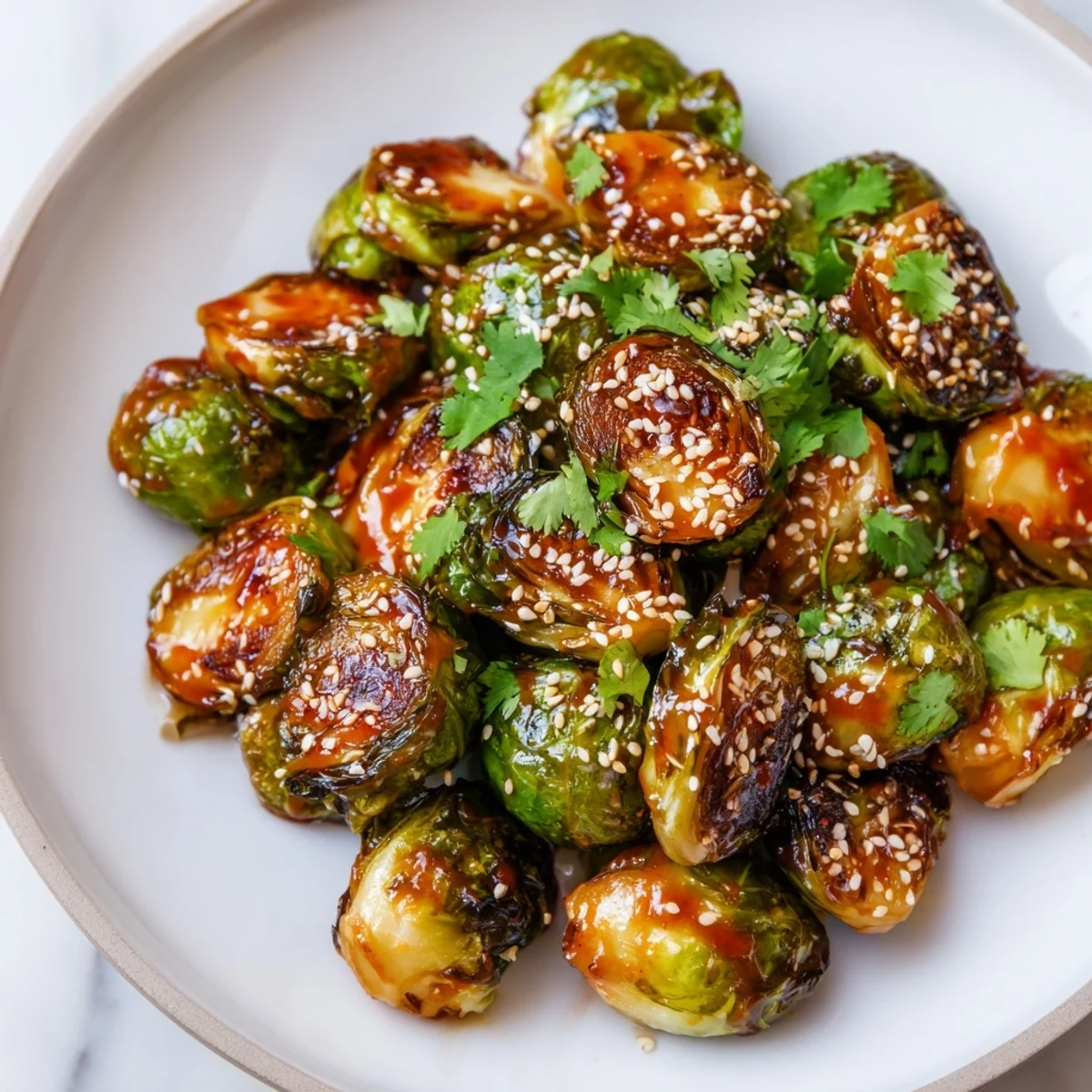 Close-up of caramelized Honey Sriracha Brussels Sprouts, highlighting their crunchy texture and glossy, spicy-sweet glaze for a delicious appetizer.