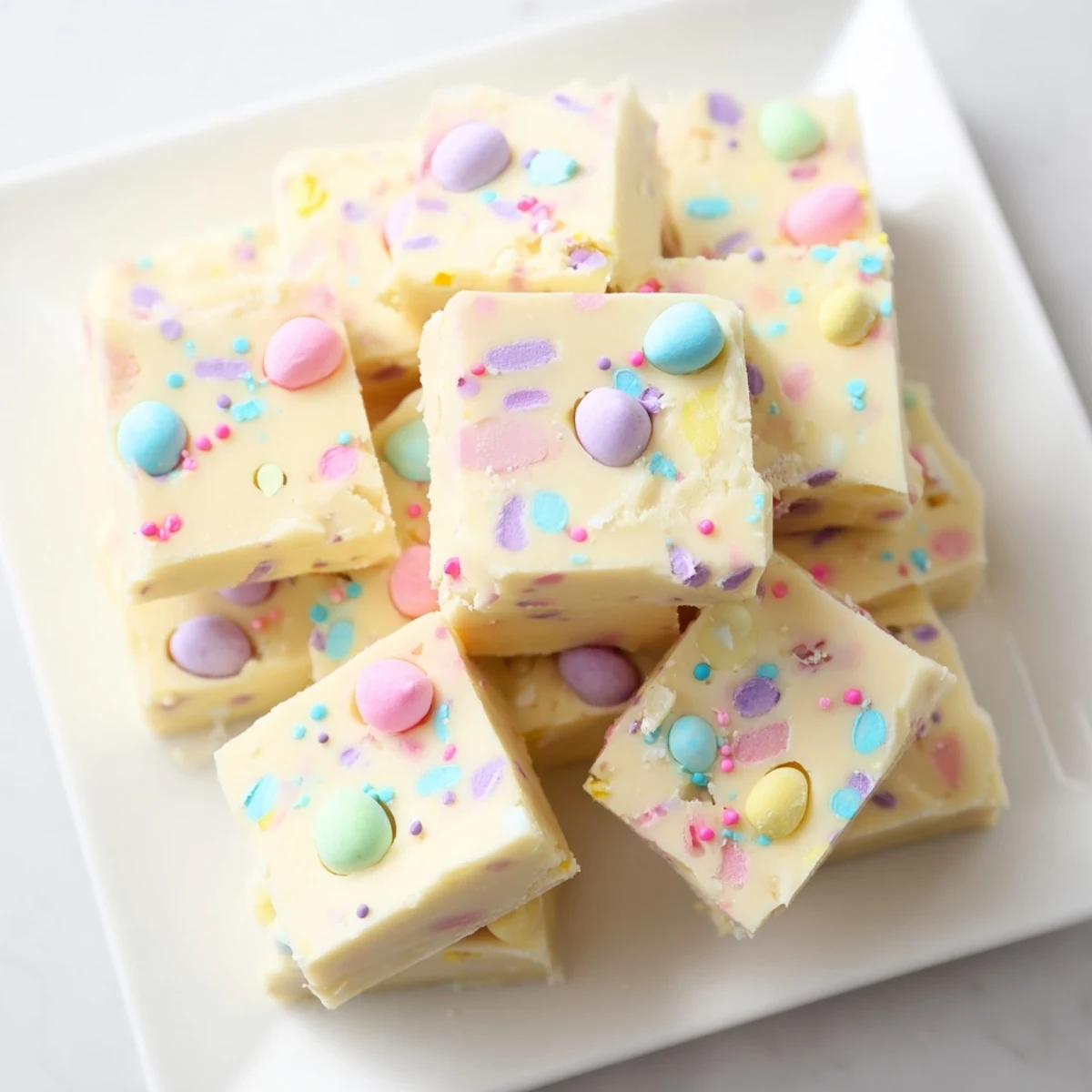 Chilled Easter Fudge bars studded with chopped candy eggs, stacked neatly on a clean white marble surface.