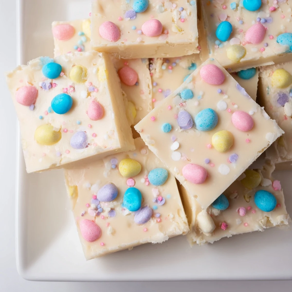 Creamy Easter Fudge squares with pastel candy eggs and sprinkles, served on a pastel plate for spring celebrations.