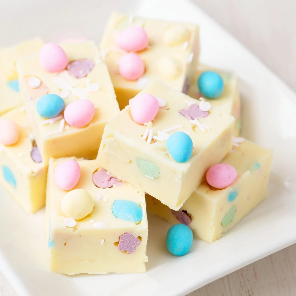 Smooth white chocolate Easter Fudge topped with colorful pastel sprinkles, ready to be served at an Easter gathering.