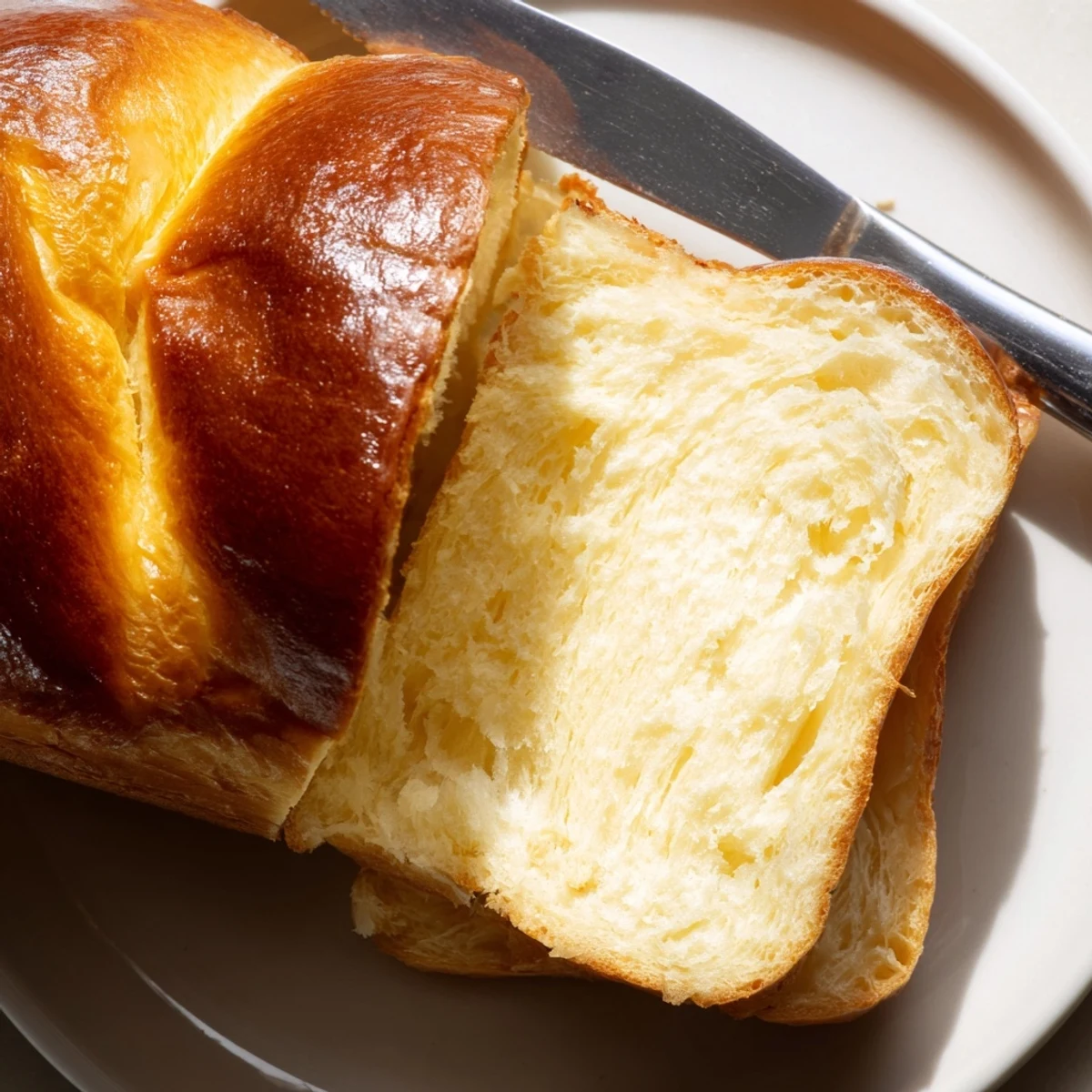 Freshly baked Milk Brioche with a golden crust and soft, buttery interior slices, perfect for breakfast.