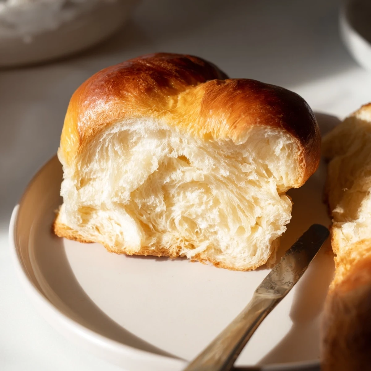 Close-up of a golden Milk Brioche loaf, ready to be served warm with honey or jam.