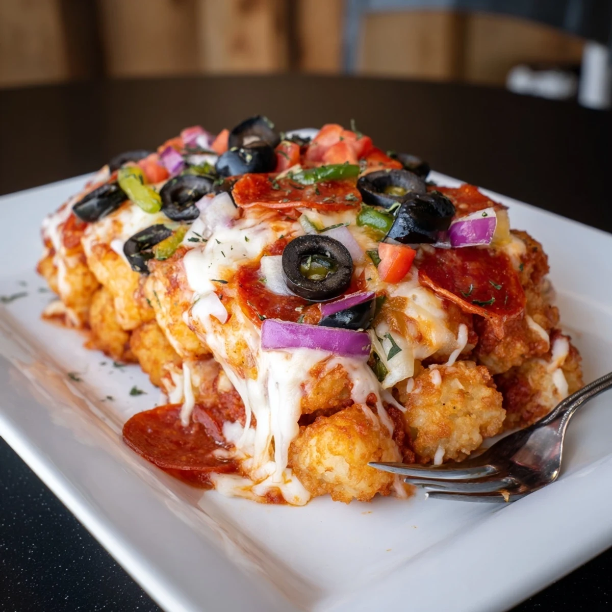 Golden-brown, crispy tater tots are smothered in red pizza sauce and loaded with melty mozzarella and cheddar on top.