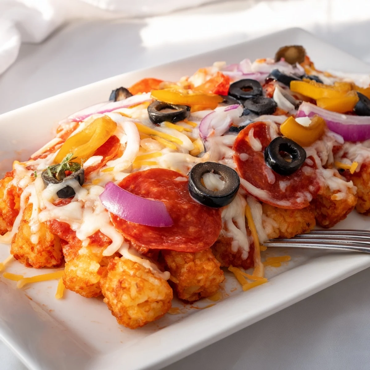 Cheesy Pizza Tot Casserole bakes to bubbly perfection, perfect for a weeknight family dinner with a garden salad side.