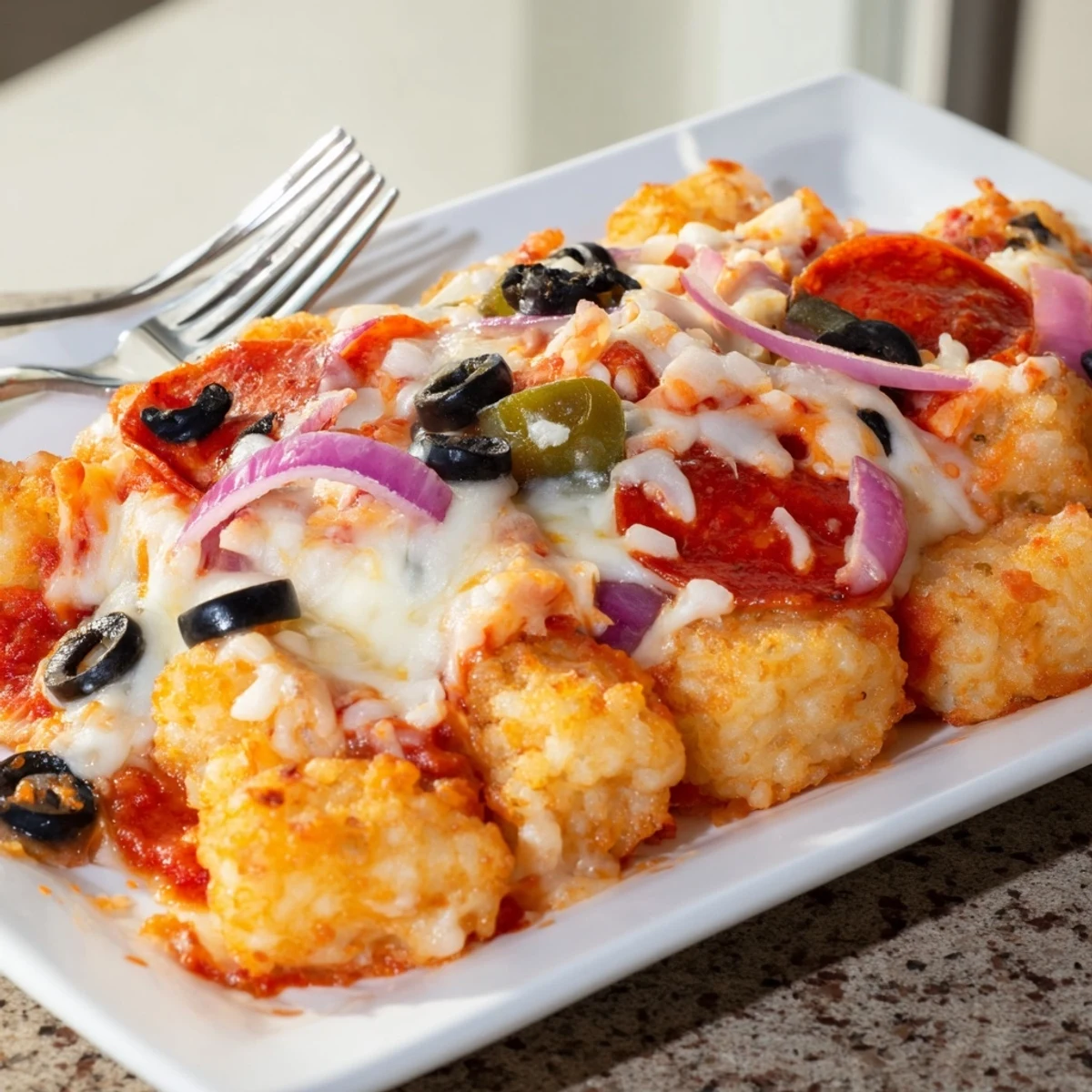 A close-up of the savory Cheesy Pizza Tot Casserole shows crispy edges and a colorful mix of peppers and olives.