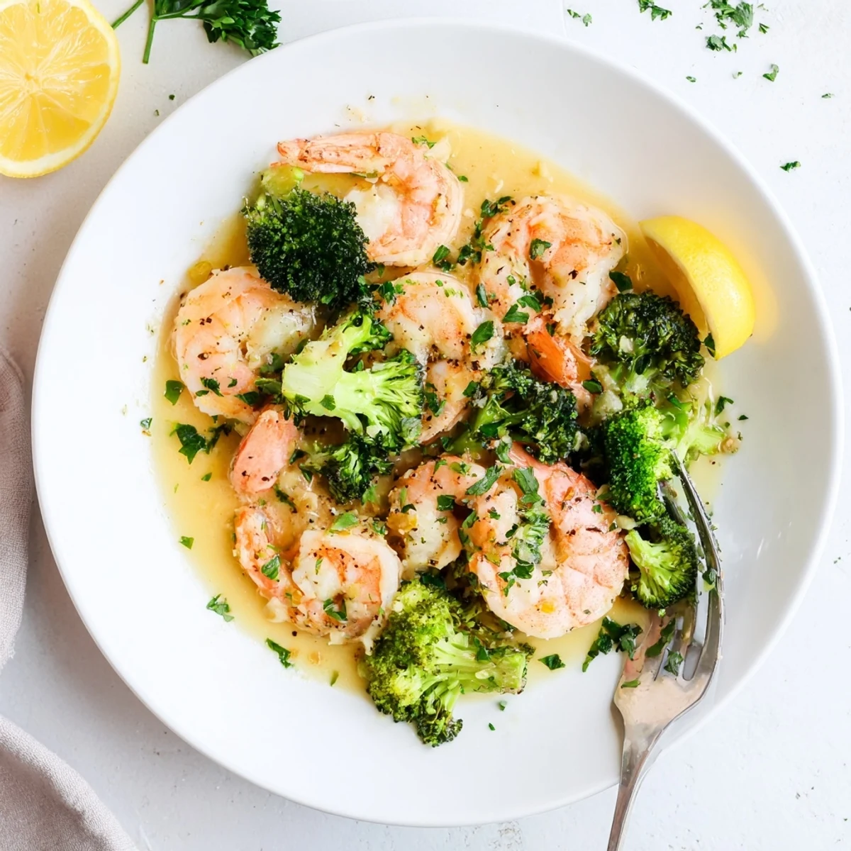 Juicy honey garlic butter shrimp and crisp broccoli florets served hot over fluffy white rice in a skillet.