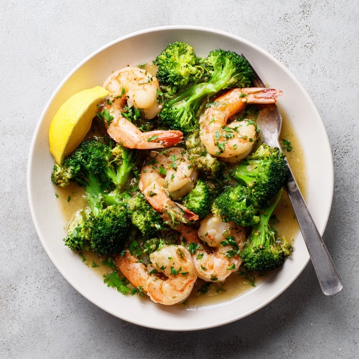 Garlicky honey butter glaze shimmers on plump shrimp beside crisp broccoli, garnished with fresh parsley and lemon wedges.
