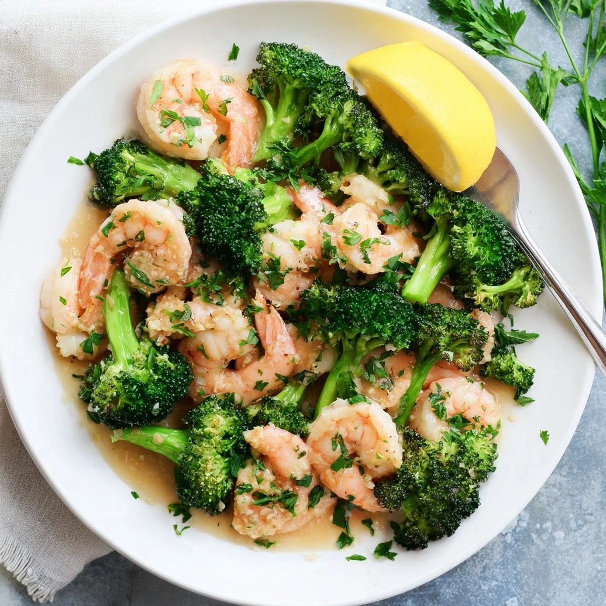 Luscious honey garlic butter sauce coats tender shrimp and bright green broccoli on a rustic serving plate.