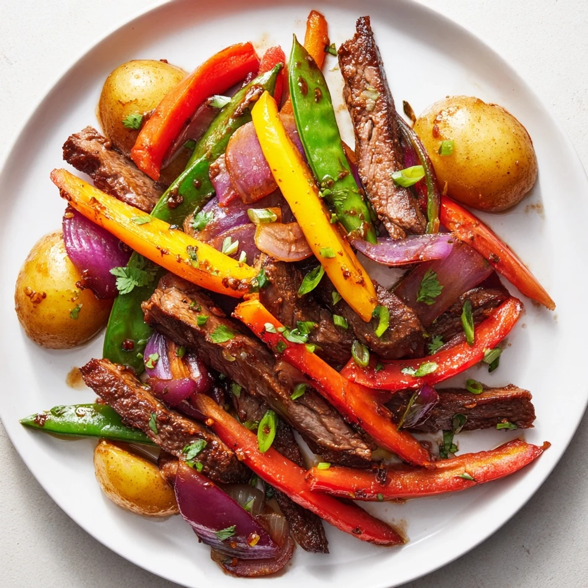 A close-up of the Blackstone Cowboy Stir Fry Dinner shows juicy beef strips, colorful veggies, and fresh cilantro garnish. 