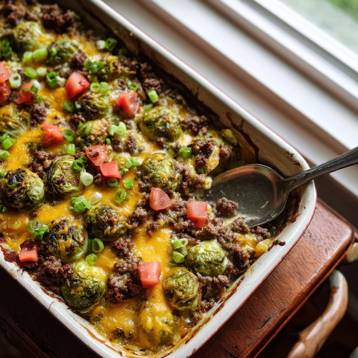 Golden, crispy roasted cabbage rounds layered with seasoned ground beef and melted cheddar cheese for a savory bake.