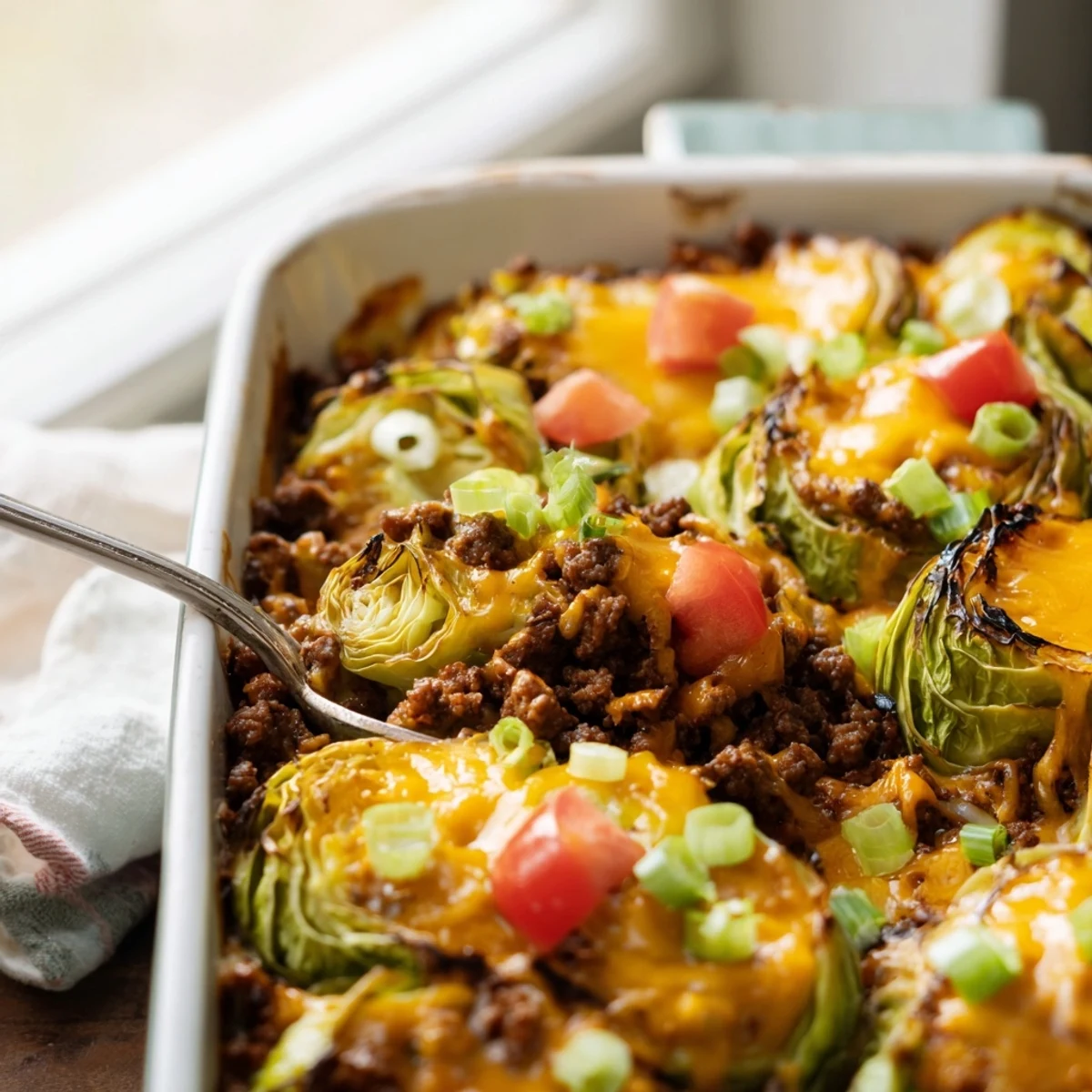 This Easy Crispy Cabbage Burger Bake is garnished with pickles and tomatoes, served hot from the oven.