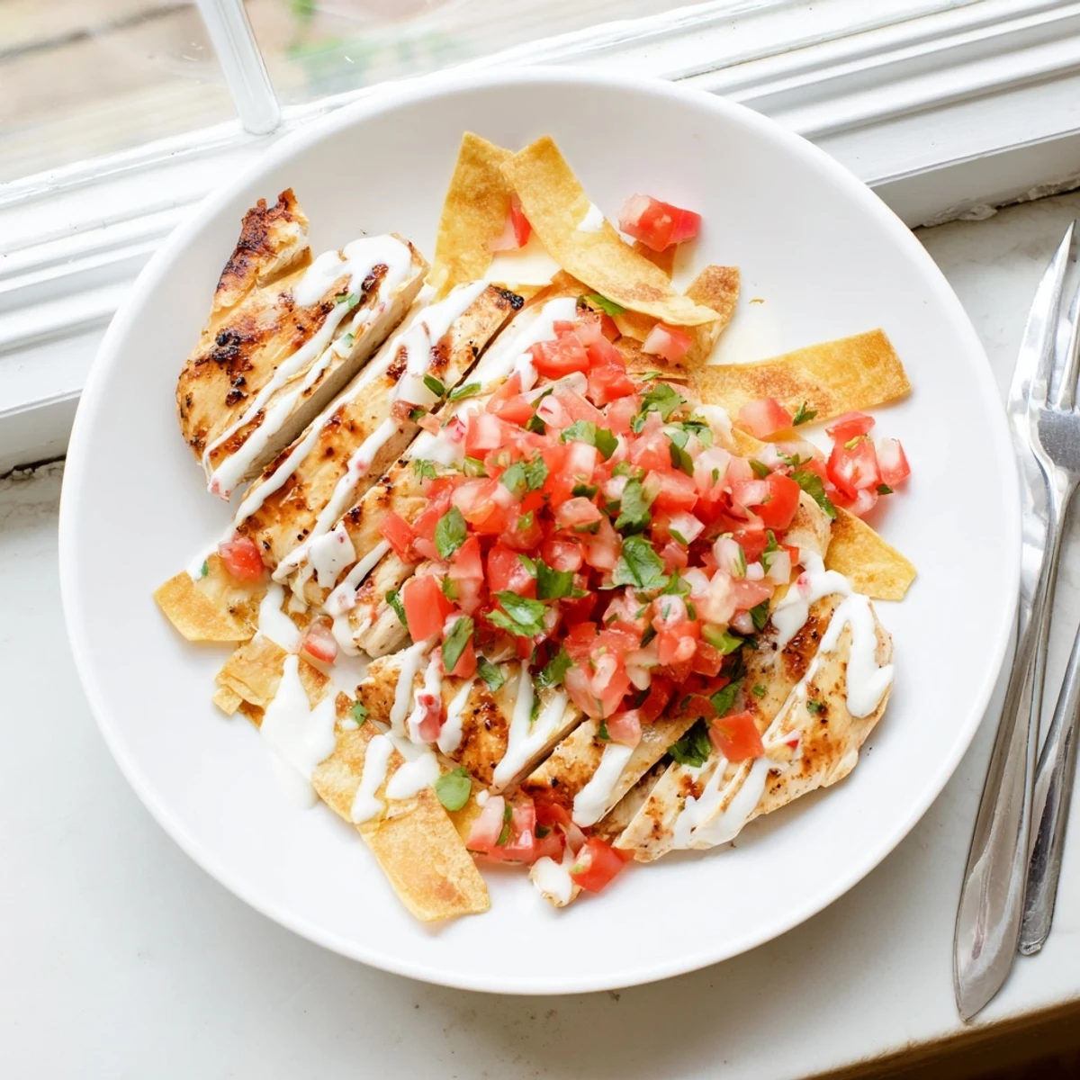 Grilled Fiesta Lime Chicken drizzled with creamy Mexi-ranch sauce and garnished with fresh cilantro and lime wedges.