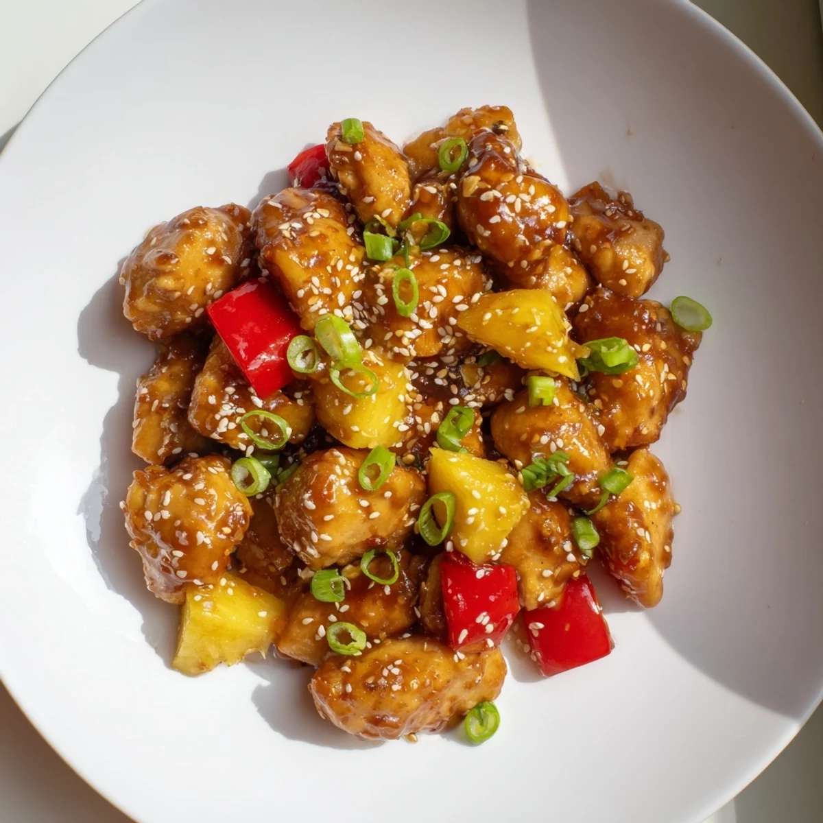 Golden-brown chicken pieces glistening in a sweet pineapple glaze, served over fluffy jasmine rice for a weeknight dinner.