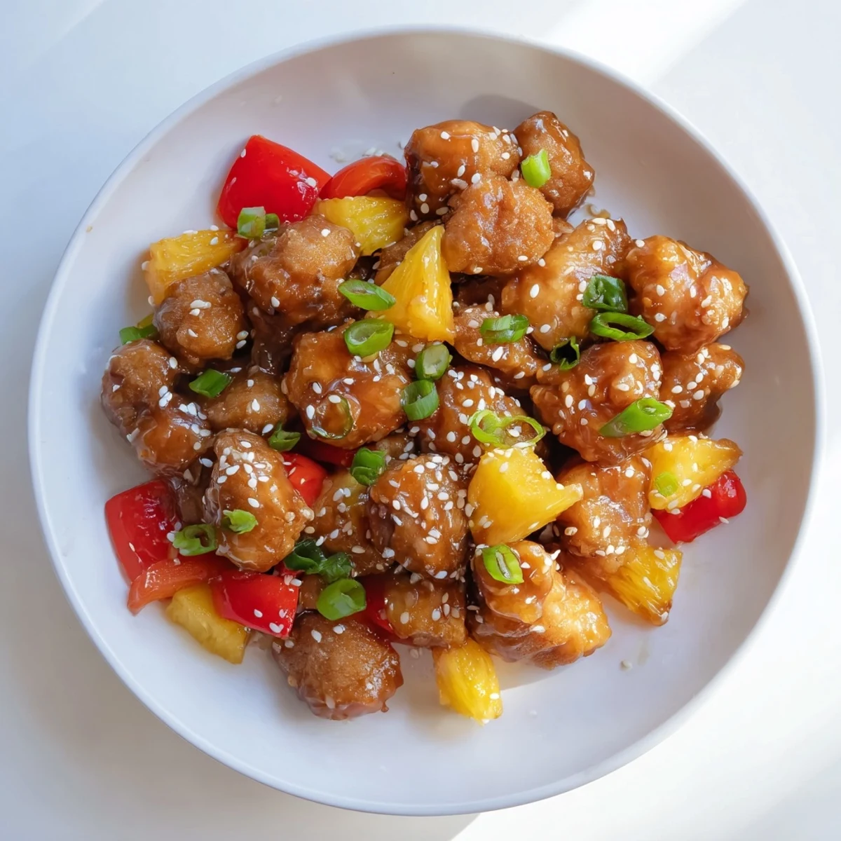 A close-up of Sticky Pineapple Chicken stir-fry with colorful red bell peppers and fresh pineapple chunks in a skillet.