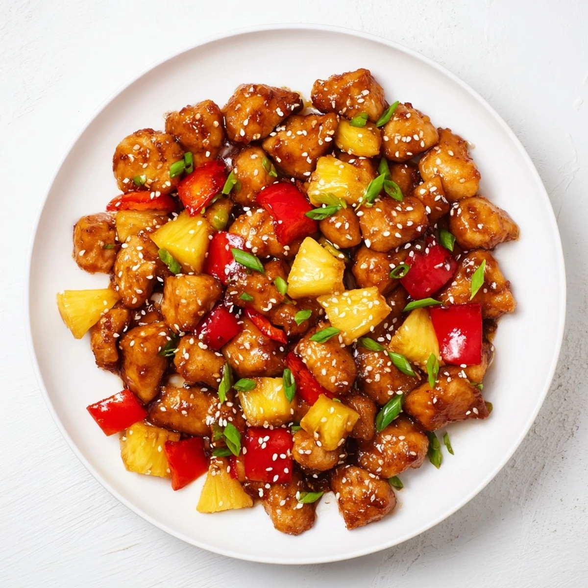 Juicy Sticky Pineapple Chicken topped with green onions and sesame seeds, ready to enjoy as a flavorful Asian-inspired main dish.