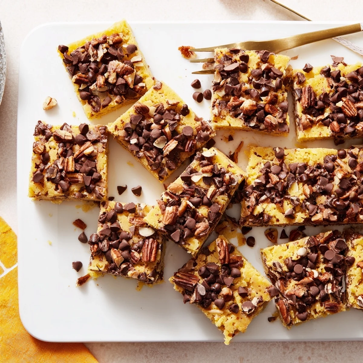 A close-up of golden-brown Cake Mix Toffee Bars topped with melted chocolate, crunchy toffee bits, and chopped pecans on a rustic wooden board.