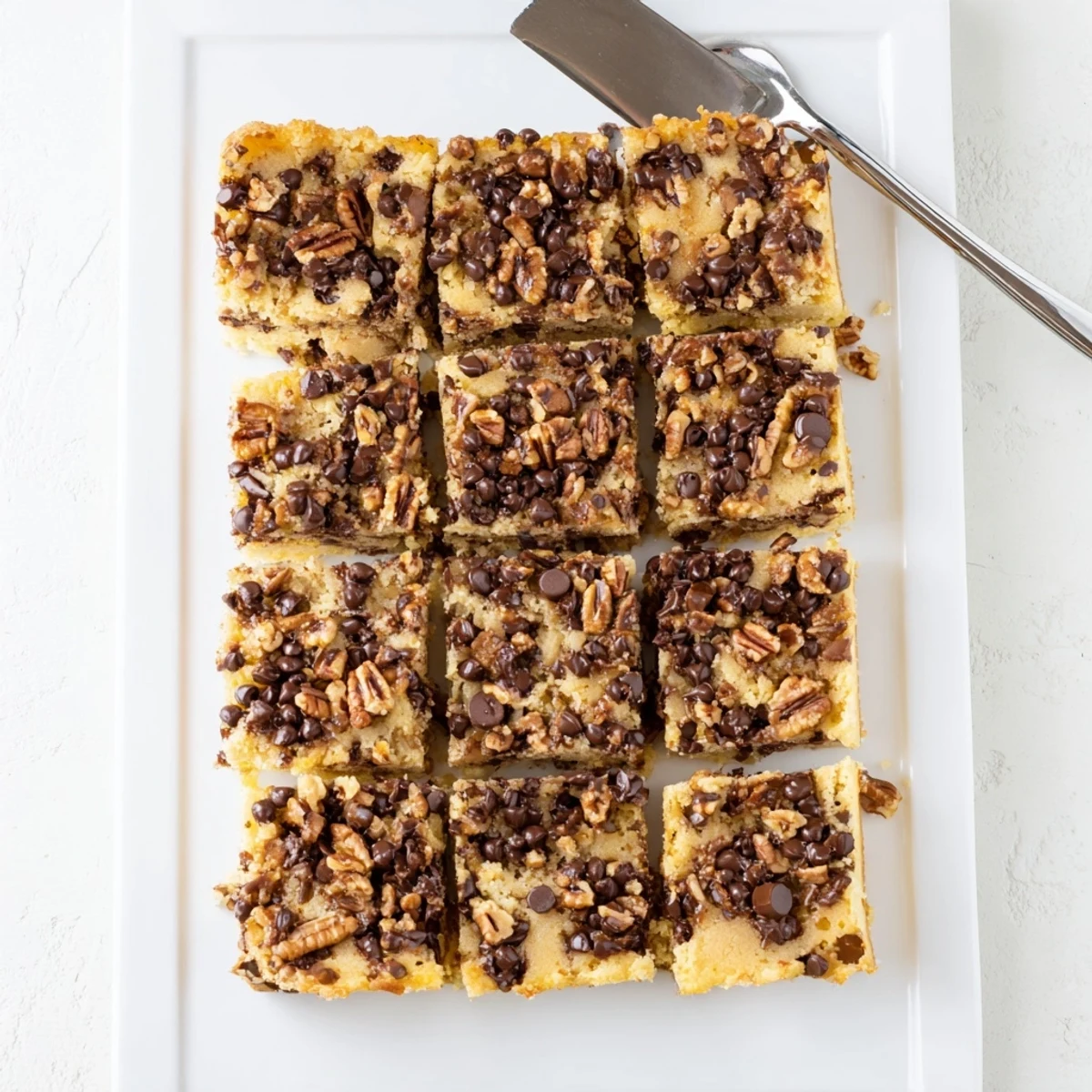 Freshly baked Cake Mix Toffee Bars with melted chocolate and toffee bits, served on a white plate next to a cold glass of milk.
