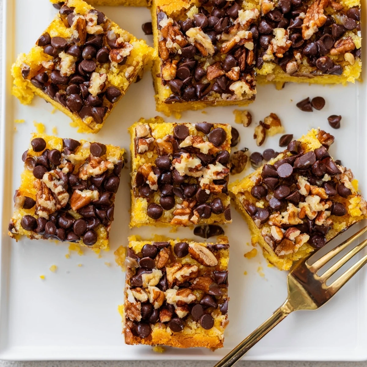 A square piece of Cake Mix Toffee Bars showing a chewy, buttery cake mix base layered with rich chocolate and sweet toffee.