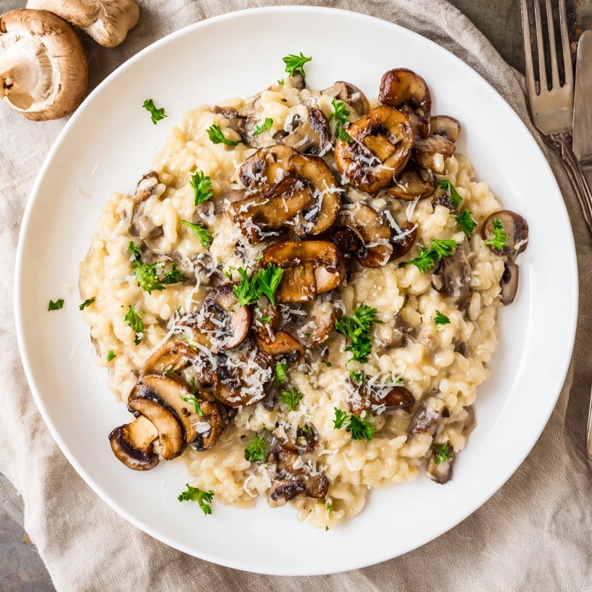 This image shows a skillet of golden mushroom risotto bubbling on the stove, with steam rising and a wooden spoon resting inside.
