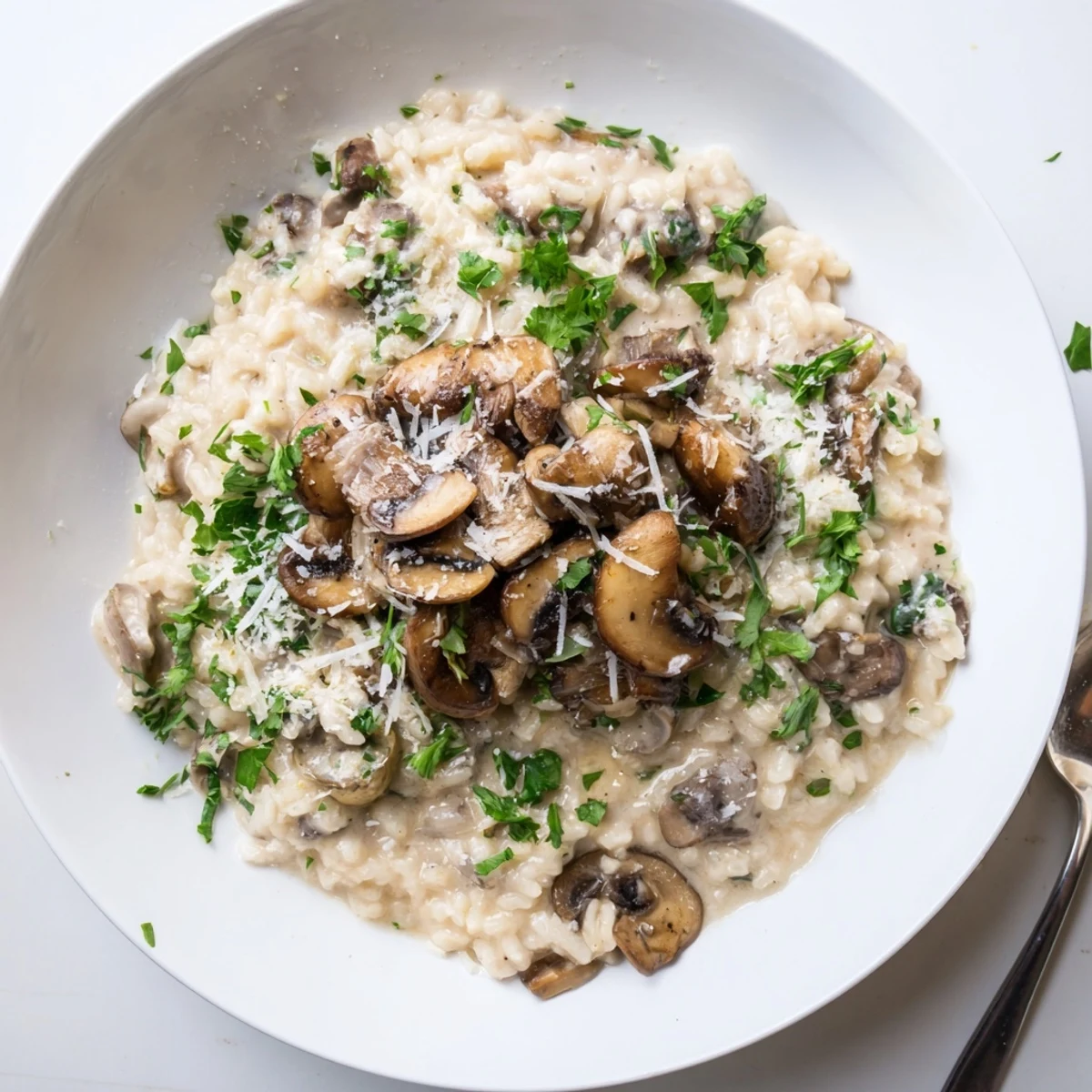 A rustic wooden table displays a serving of vegetarian mushroom risotto beside a glass of white wine for an elegant Italian dinner.
