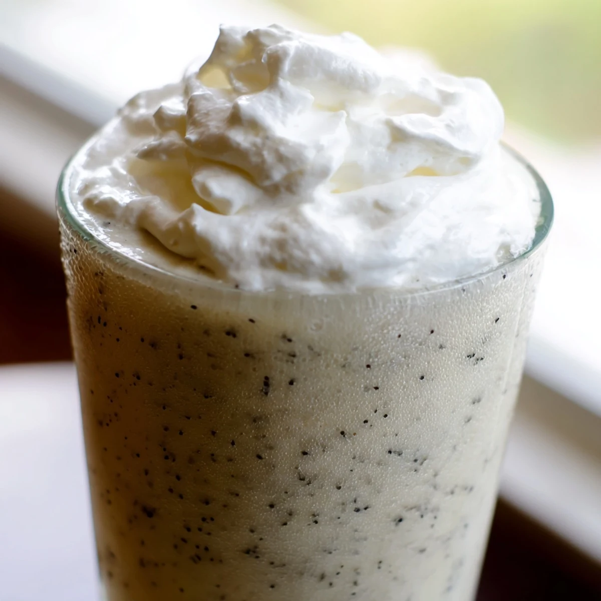 Homemade Starbucks Vanilla Bean Frappuccino blended with ice and vanilla ice cream, served chilled with a sweet aroma.