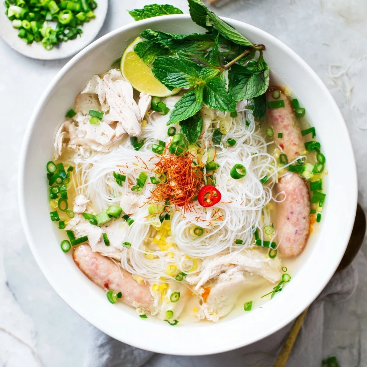 Homemade Bun Thang featuring silky egg crepes, pork sausage, and fresh herbs on rice vermicelli.