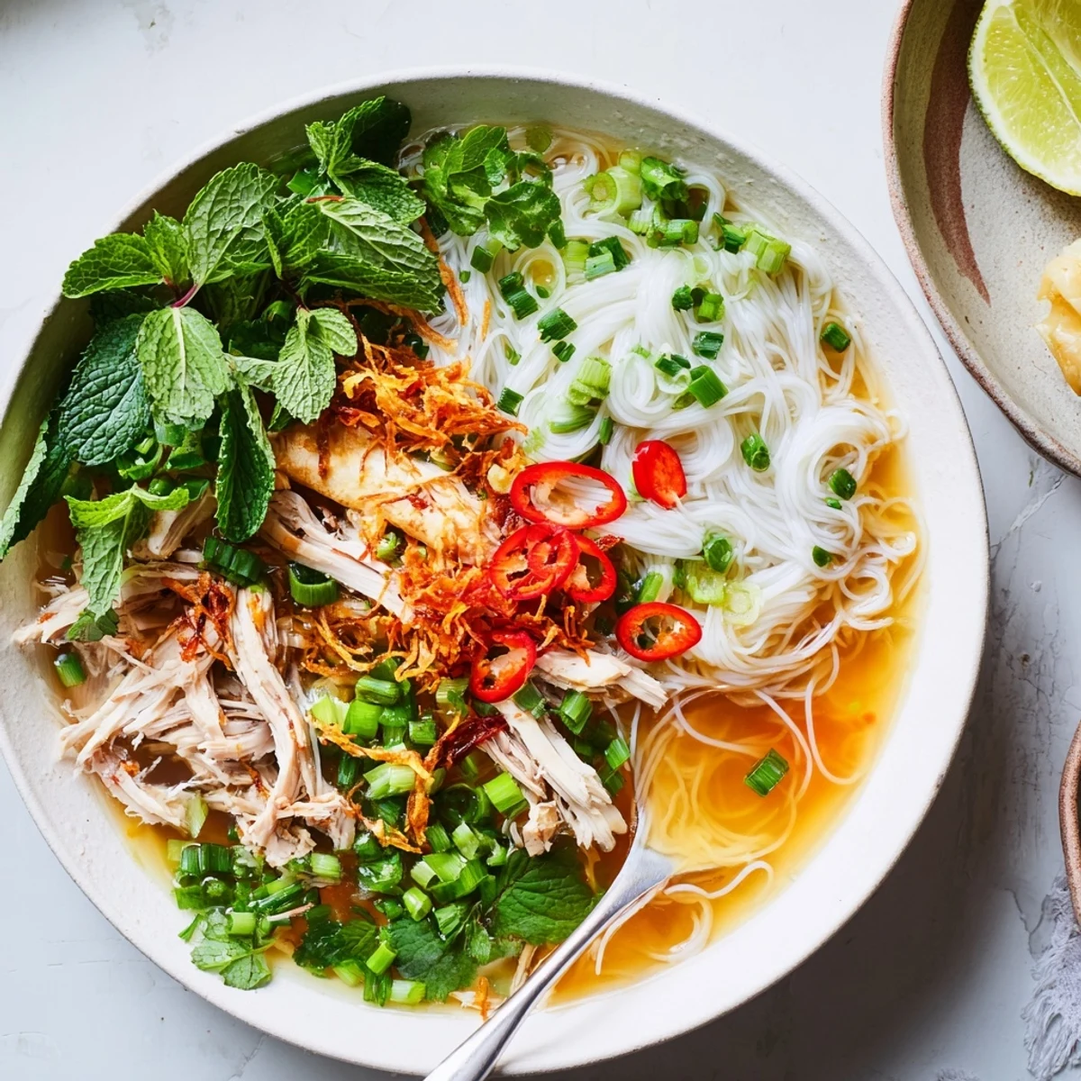 Steaming bowl of Bun Thang with shredded chicken, egg strips, and rice noodles in clear broth.